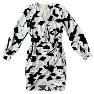 Laundry By Shelli Segal Black & White Printed Long Sleeve Asymmetrical Dress